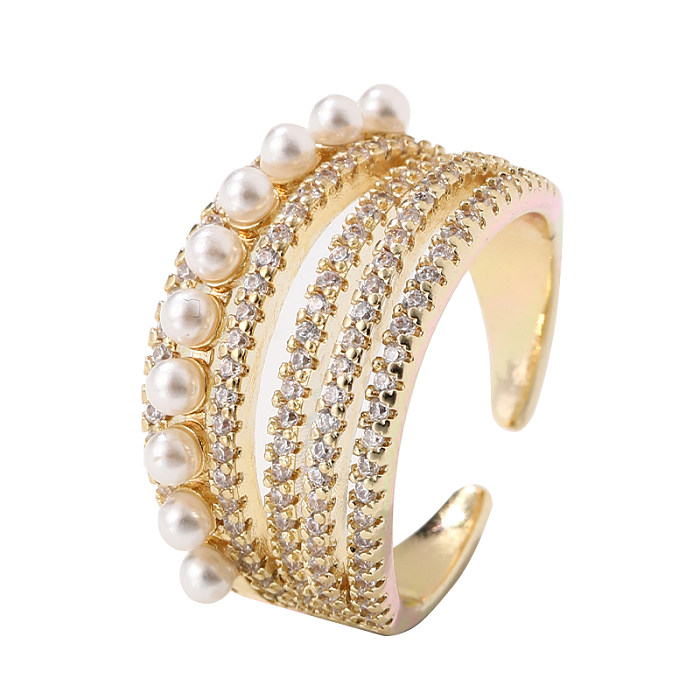 Retro Simple Style Geometric Copper Inlay Artificial Pearls Zircon Open Rings