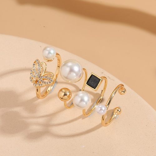 Elegant Retro Square Butterfly Imitation Pearl Copper Enamel Plating Inlay Zircon 14K Gold Plated Open Rings