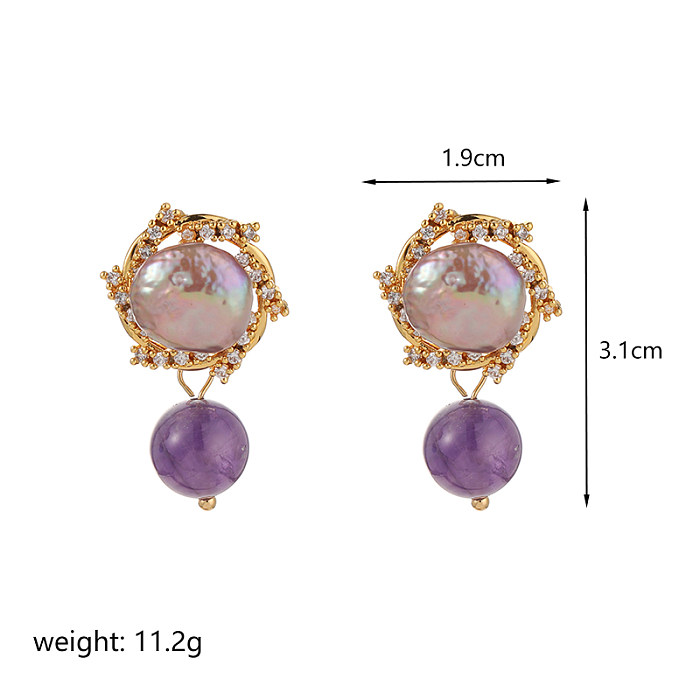 1 Pair Commute Flower Plating Inlay Copper Artificial Crystal Freshwater Pearl 18K Gold Plated Drop Earrings Ear Studs