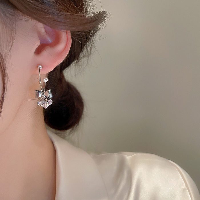1 Pair Lady Korean Style Bow Knot Inlay Copper Zircon Drop Earrings