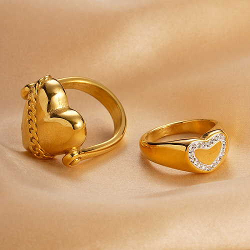 Estilo moderno estilo clássico comute coração forma chapeamento de aço inoxidável incrustação diamante artificial anéis banhados a ouro