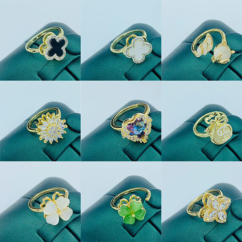Lässiger, eleganter, vierblättriger Kleeblatt-Herzform-Blumen-Verkupferungs-Inlay-Opal-Zirkon-offener Ring