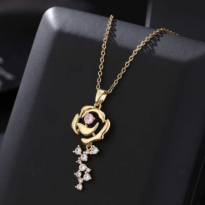 Elegant Flower Titanium Steel Copper Inlay Artificial Diamond Pendant Necklace