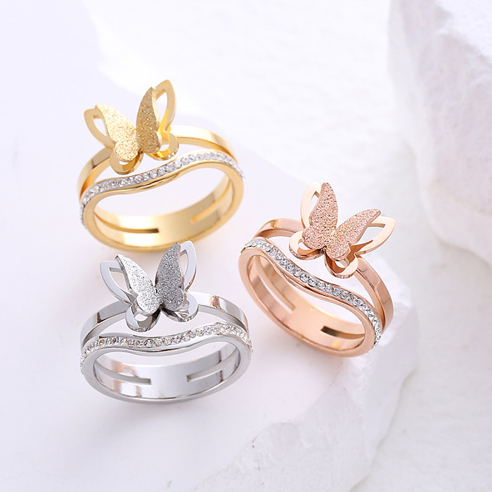 Simple Style Butterfly Stainless Steel Plating Inlay Rhinestones 24K Gold Plated Rings