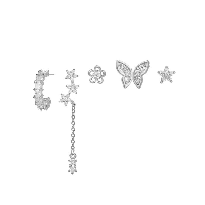 Fashion Butterfly Copper Inlay Zircon Ear Studs 5 Pieces