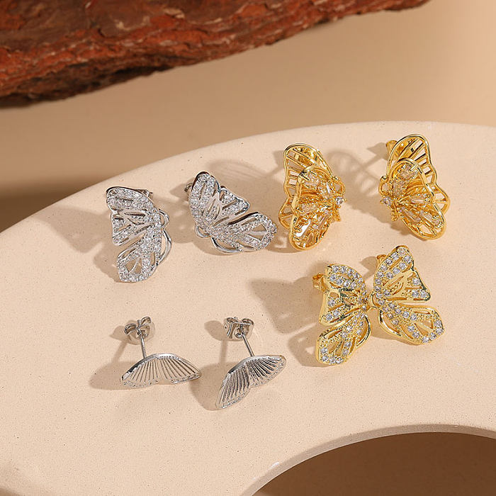 1 paire de clous d'oreilles élégants et luxueux, Style classique, papillon, placage en cuivre, incrustation de Zircon plaqué or 14 carats