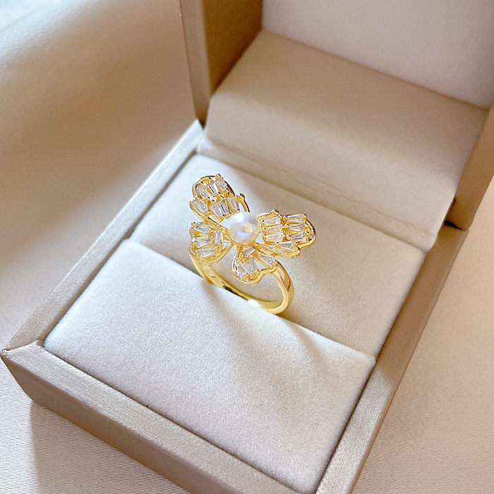 Fashion Butterfly Brass Inlay Artificial Pearls Zircon Open Ring