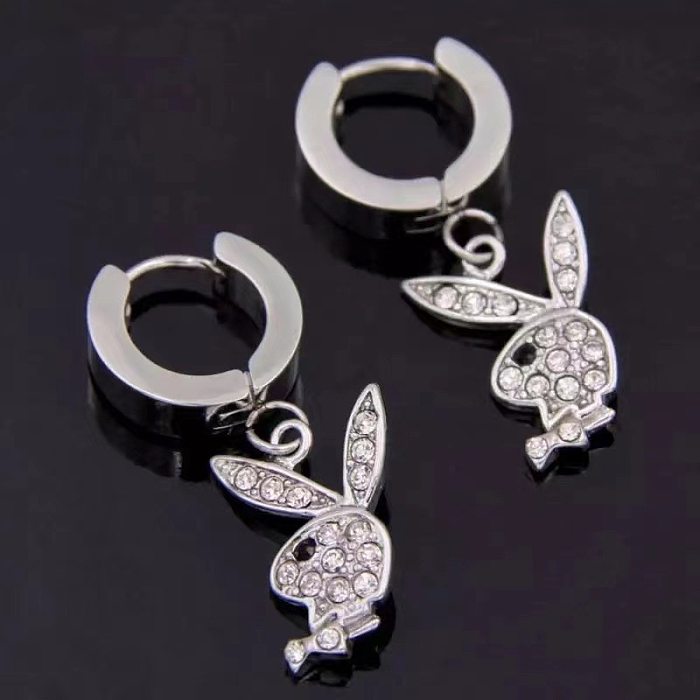 Einfache Kaninchen-Ohrring-Halskette mit Inlay aus Edelstahl und Strasssteinen