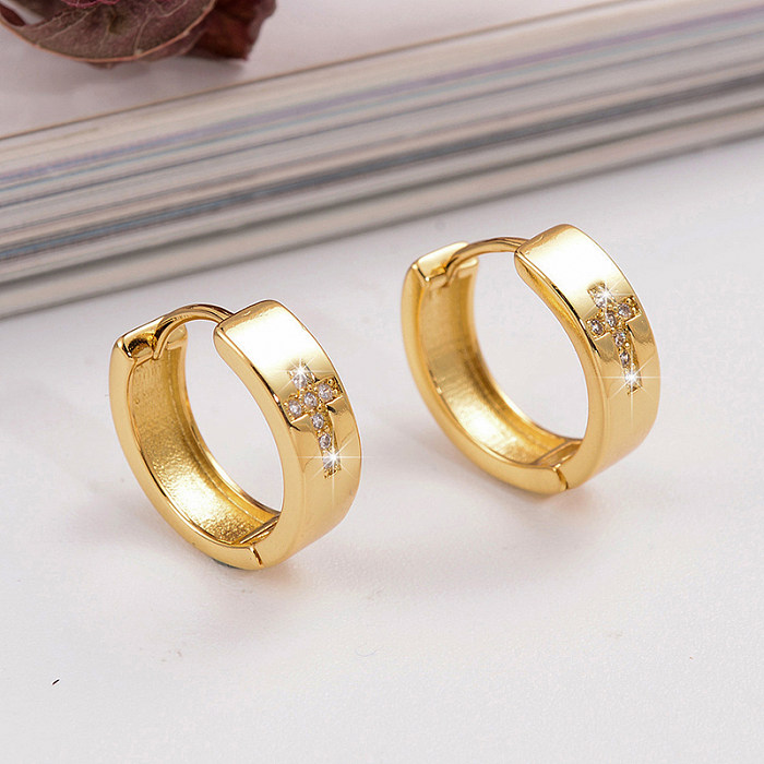 1 Pair Casual Simple Style Cross Heart Shape Plating Inlay Copper Zircon 18K Gold Plated Earrings