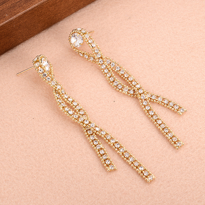 1 Pair Glam Tassel Plating Inlay Copper Rhinestones 14K Gold Plated Drop Earrings