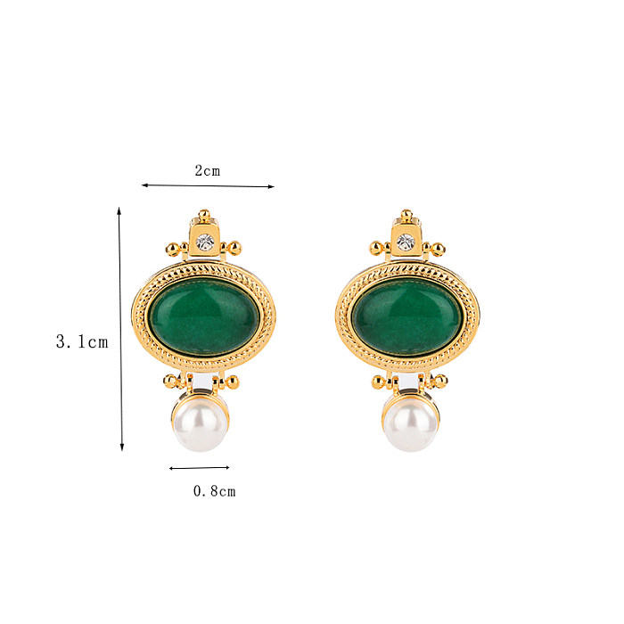 1 Pair Retro Luxurious Oval Plating Inlay Copper Artificial Pearls Natural Stone 18K Gold Plated Drop Earrings