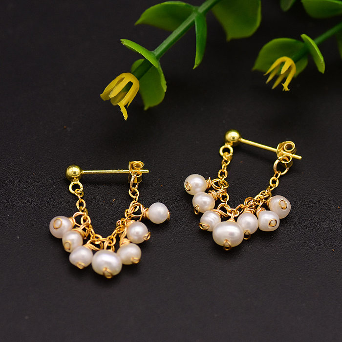 1 Pair Elegant Retro Round Beaded Plating Freshwater Pearl Copper 18K Gold Plated Earrings