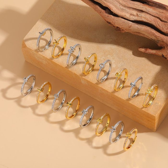 Cute Simple Style Commute Letter Copper Plating Inlay Zircon 14K Gold Plated White Gold Plated Open Rings