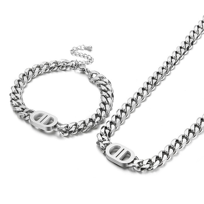 Wholesale New Stainless Steel Gold Thick Chain Necklace Bracelet Set jewelry