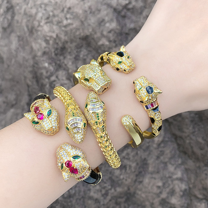 1 Piece Retro Snake Leopard Copper Plating Inlay Zircon Bangle