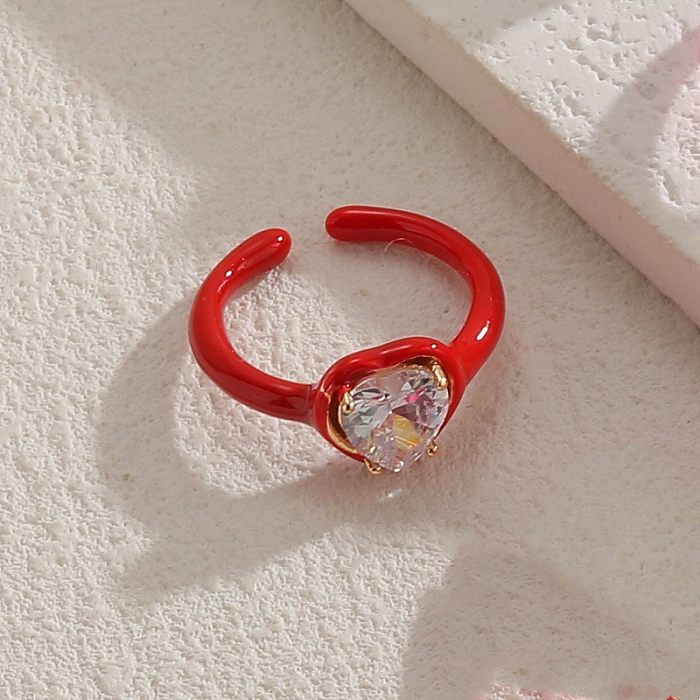 Schlichter Stil, herzförmige offene Ringe mit Kupferbeschichtung, Inlay aus Zirkon, 14 Karat vergoldet