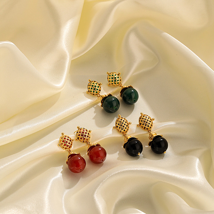 1 paire de boucles d'oreilles pendantes plaquées or 18 carats, Style Simple et classique, incrustation de placage ovale, agate de cuivre