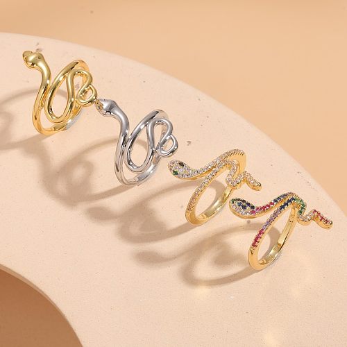 Cute Sweet Simple Style Snake Copper Plating Inlay Zircon 14K Gold Plated White Gold Plated Open Rings