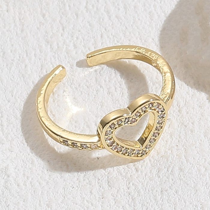 Glam Letter Heart Shape Copper Inlay Zircon 14K Gold Plated Open Ring