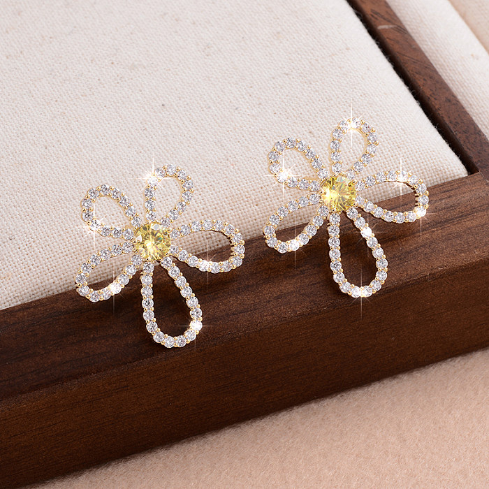 1 Pair Fairy Style Cute Sweet Flower Plating Inlay Copper Zircon 14K Gold Plated Ear Studs