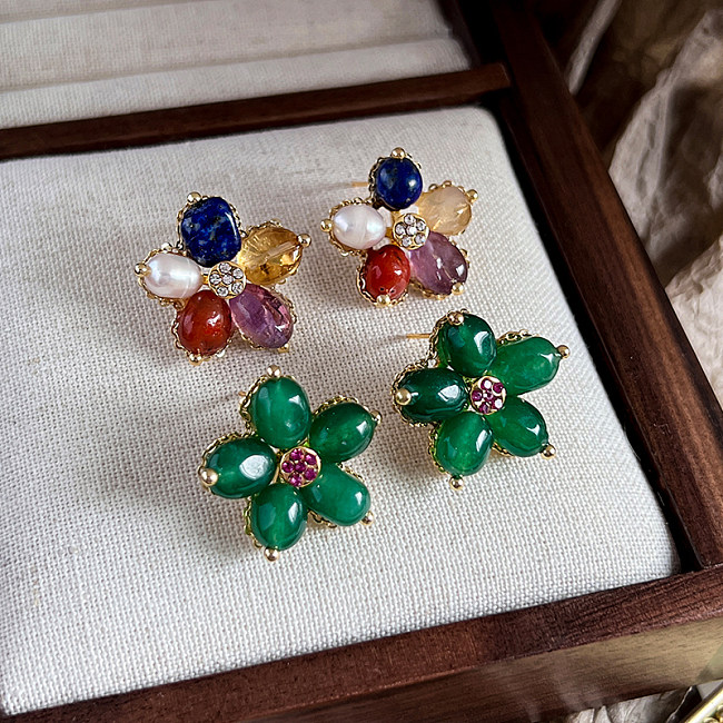 1 Pair Retro Flower Plating Inlay Copper Zircon 18K Gold Plated Ear Studs