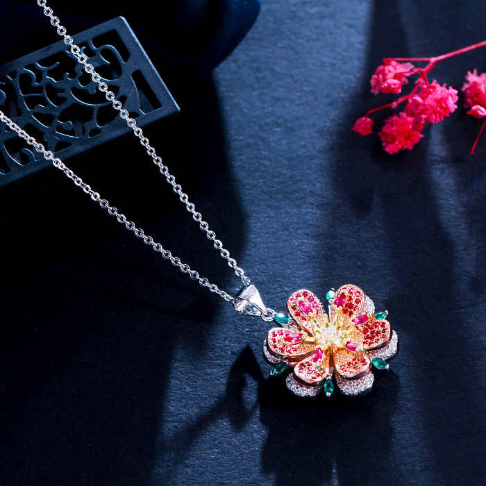 Elegante streetwear flor cobre chapeamento inlay zircon rosa banhado a ouro brincos colar