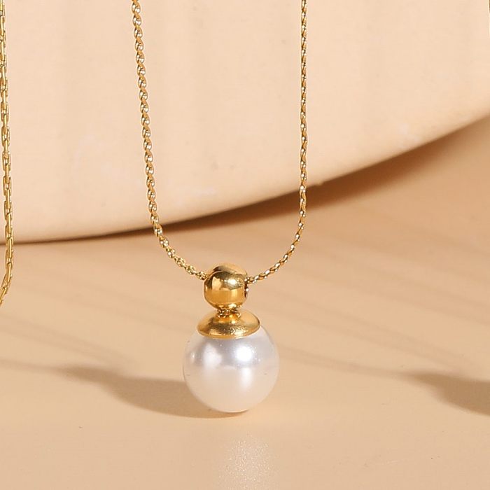 Elegant Luxurious Classic Style Solid Color Copper Plating Inlay Freshwater Pearl 14K Gold Plated Pendant Necklace