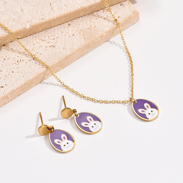 Simple Style Rabbit Stainless Steel Enamel Plating 14K Gold Plated Earrings Necklace