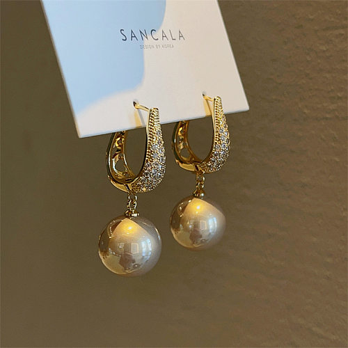 1 paire de boucles d'oreilles pendantes en cuivre et Zircon, incrustation géométrique de base, Imitation perle