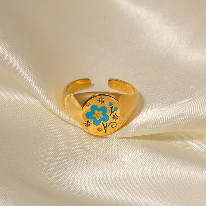 Collier avec anneaux plaqués or 18 carats, fleur élégante, incrustation d'émail en acier inoxydable, diamant artificiel