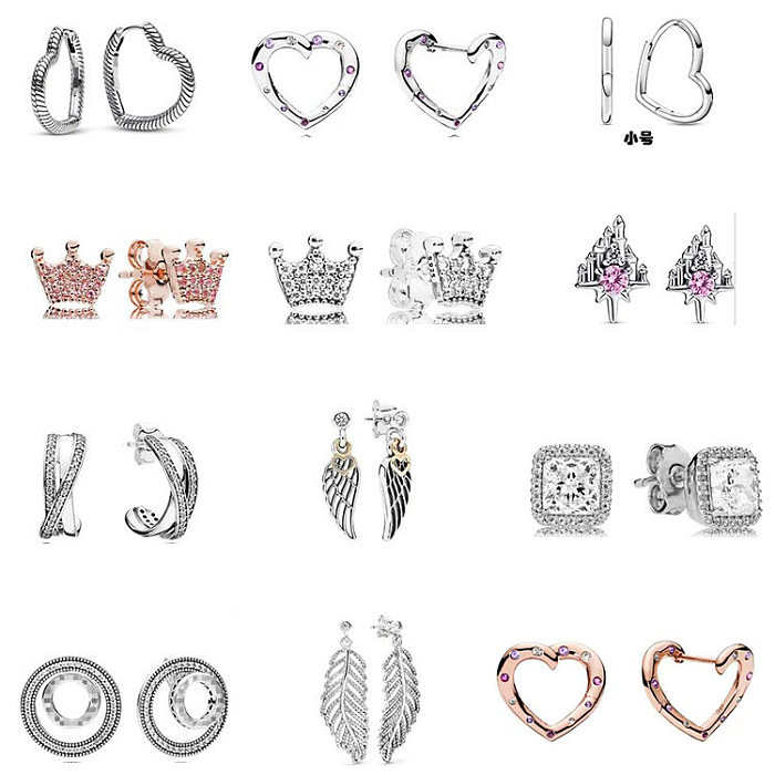 Boucles d'oreilles en forme de cœur pour femme, 1 paire, couronne en cuivre, incrustation de pierres précieuses artificielles, clous d'oreilles