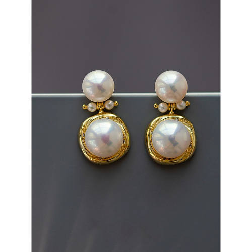 1 Pair Simple Style Round Inlay Copper Pearl Drop Earrings
