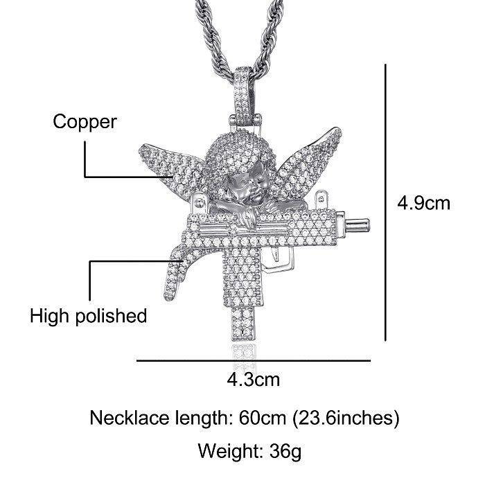 Collier pendentif ange décontracté mitrailleuse en acier inoxydable incrustation de cuivre strass