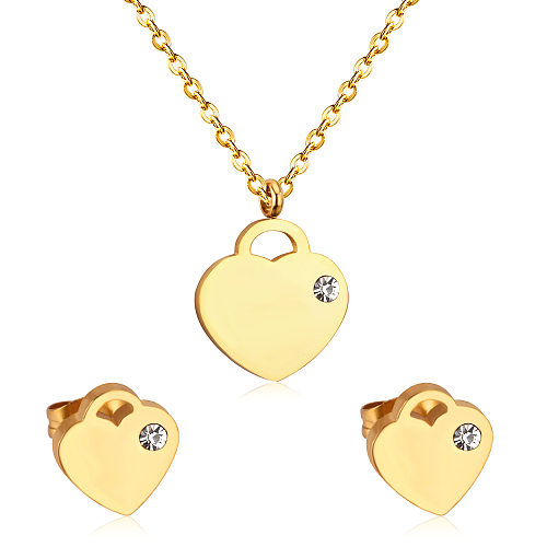 Simple Style Heart Shape Stainless Steel Inlay Zircon Earrings Necklace 1 Set