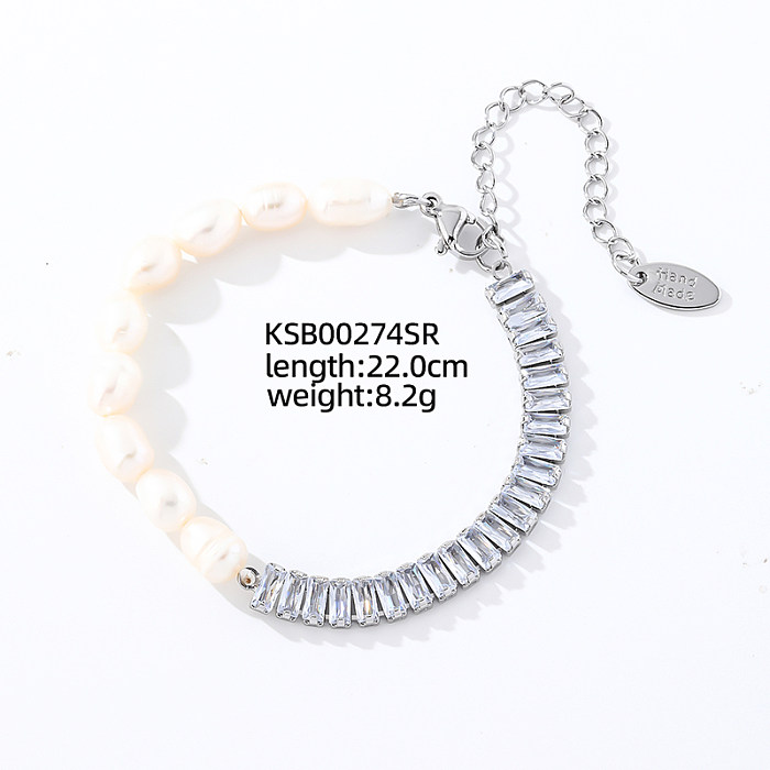 Bracelets en Zircon avec incrustation de cuivre et perles d'eau douce en acier inoxydable, carrés et ovales, doux et brillants, Bracelets à cordon