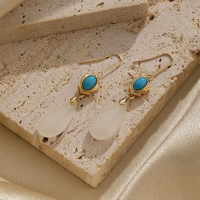 1 Pair Retro Commute Water Droplets Plating Inlay Copper Turquoise 18K Gold Plated Drop Earrings