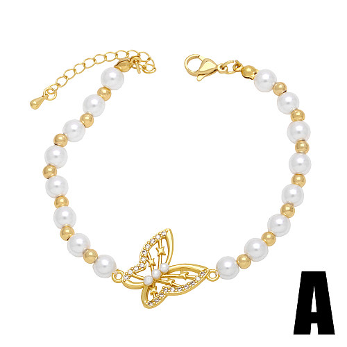Bracelets plaqués or 18 carats avec incrustation de perles en cuivre et imitation papillon doux