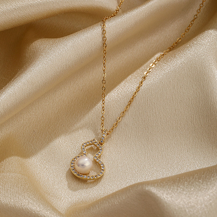 Collier pendentif plaqué or 18 carats, Style IG Simple, gourde plaquée cuivre, incrustation ajourée de perles en Zircon