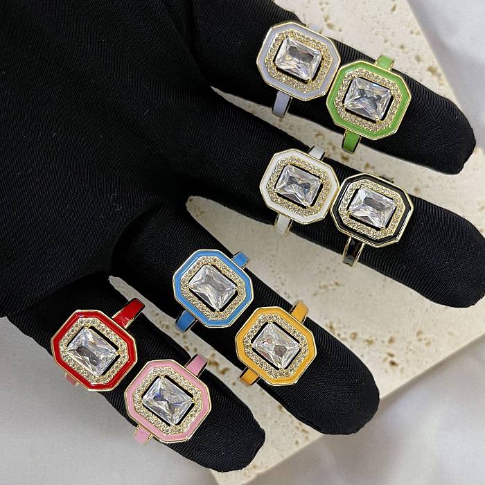 Retro Square Brass Inlay Zircon Open Ring