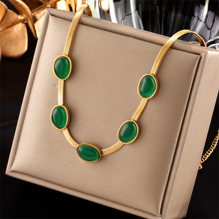 Elegant Retro Geometric Stainless Steel Plating Inlay Artificial Gemstones 18K Gold Plated Bracelets Earrings Necklace