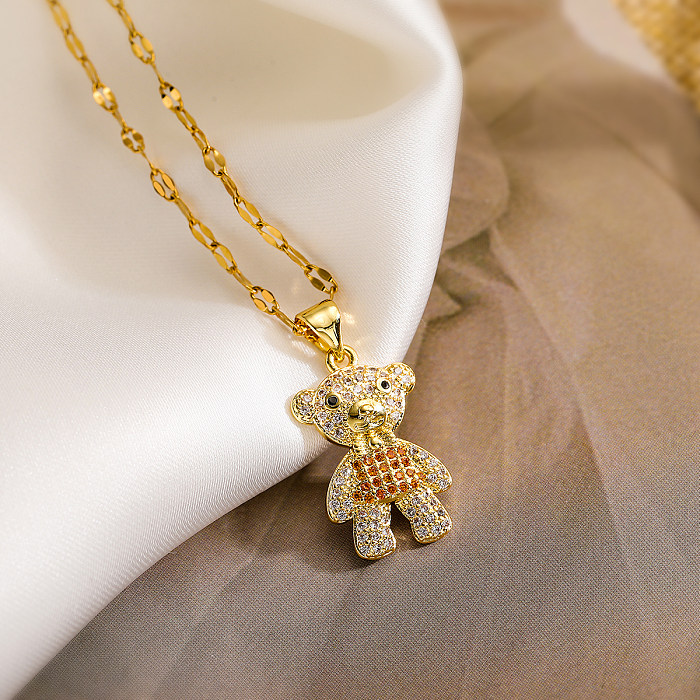Niedliche Basic-Halskette mit Anhänger „Kleiner Bär“ aus Kupfer mit 18-Karat-Vergoldung und Zirkon-Anhänger in großen Mengen