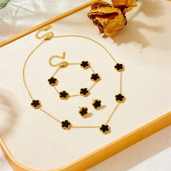 Einfache Retro-Stil-Blume, Titan-Stahl-Inlay, künstliche Edelsteine, Armbänder, Ohrringe, Halskette