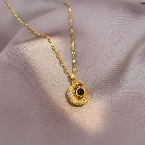 Fashion Moon Titanium Steel Copper Inlay Artificial Gemstones Pendant Necklace