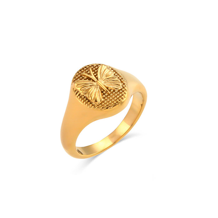 Fashion Retro Carved Flower Butterfly 18K Gold Oval Stainless Steel Ring