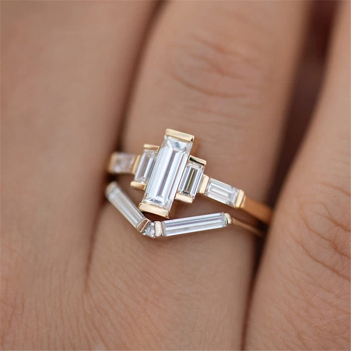 1 Juego de anillos de circón con incrustaciones de cobre geométricos de moda