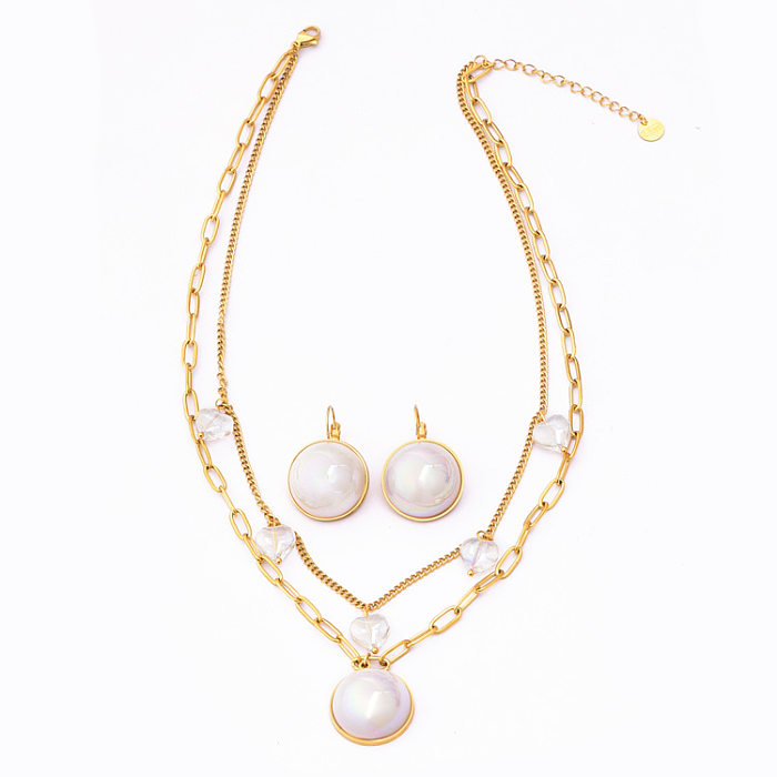 Boucles d'oreilles rondes en forme de cœur pour femme, incrustation de placage en acier et titane, perles artificielles plaquées or, collier