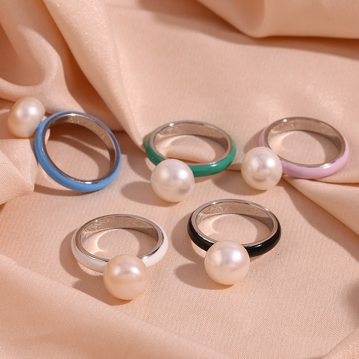 Simple Style Round Stainless Steel Inlay Pearl Rings