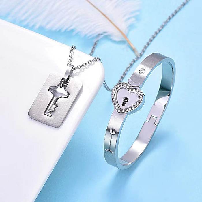 Fashion Key Lock Titanium Steel Inlay Zircon Bracelets Necklace 1 Set