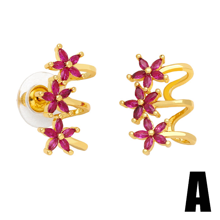 1 paire de perles artificielles en cuivre et incrustation de fleurs douces, Clips d'oreille plaqués or 18 carats en Zircon