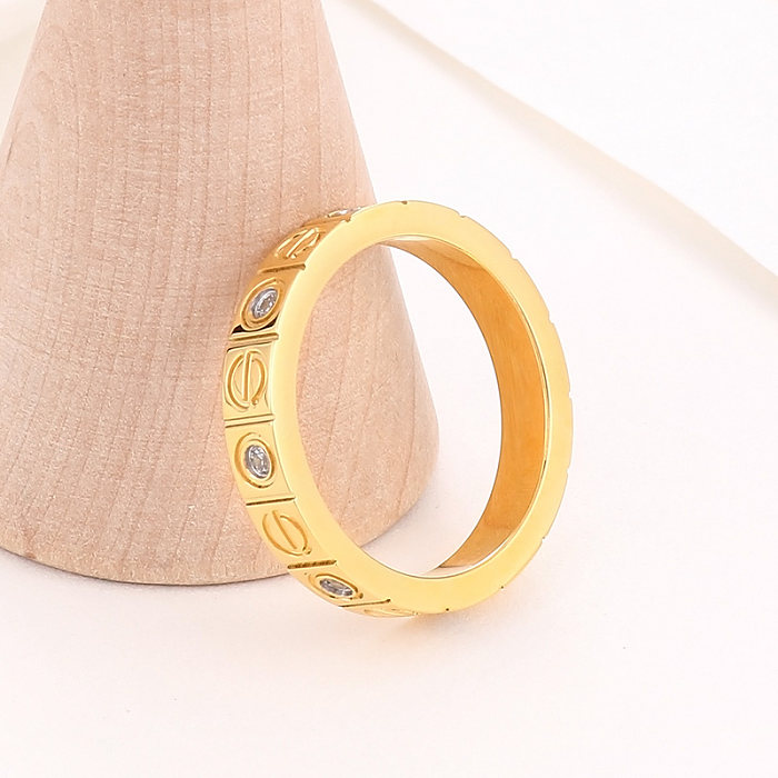 Simple Style Round Stainless Steel Plating Inlay Rhinestones 18K Gold Plated Rings